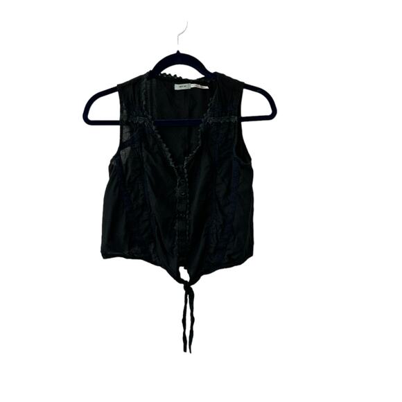 Kimchi Blue Black Sleeveless Cropped Button-Up V-Neck Semi-Sheer Front-Tie XS - Picture 1 of 7